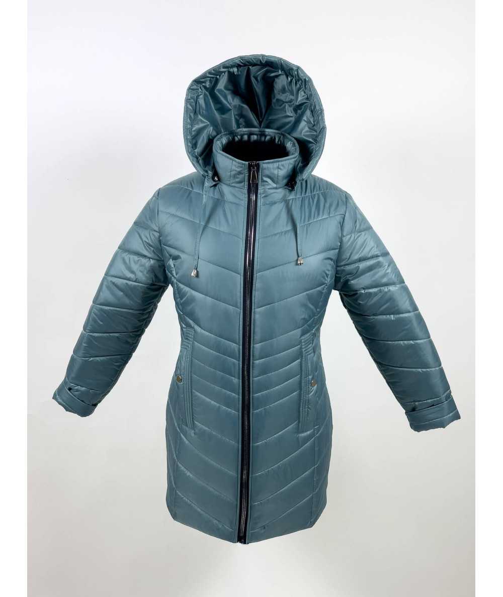 Przód dłuższej damskiej kurtki zimowej w kolorze miętowym, model Natalia, rozmiary 42–52