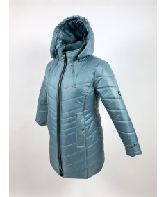 Kurtka zimowa turkusowo-miętowa plus size, widok z lewego boku z kapturem