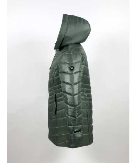 Przód dłuższej damskiej kurtki zimowej w kolorze oliwkowym khaki, model Natalia, rozmiary 42–52