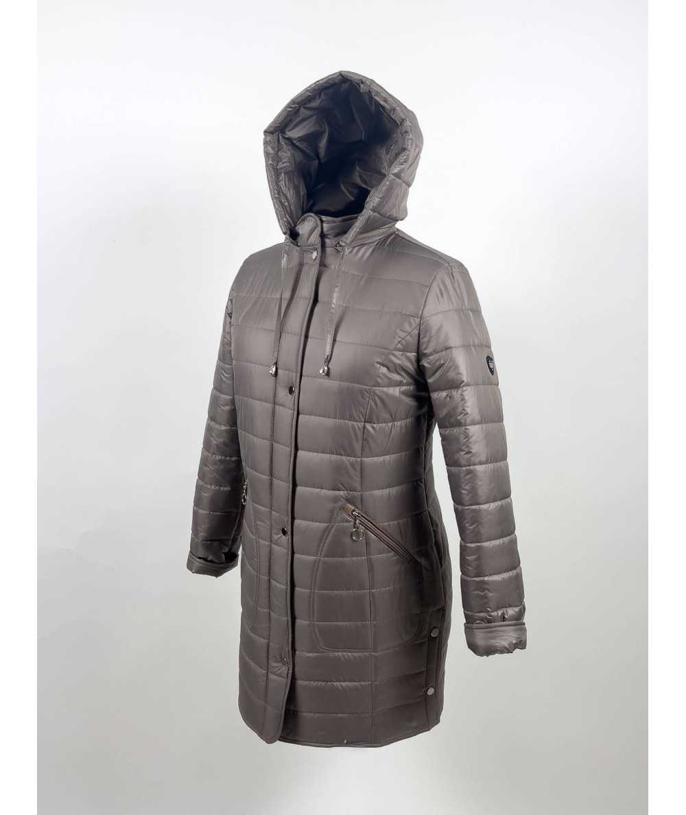 Beżowa kurtka zimowa plus size z ukośnymi kieszeniami, widok z boku