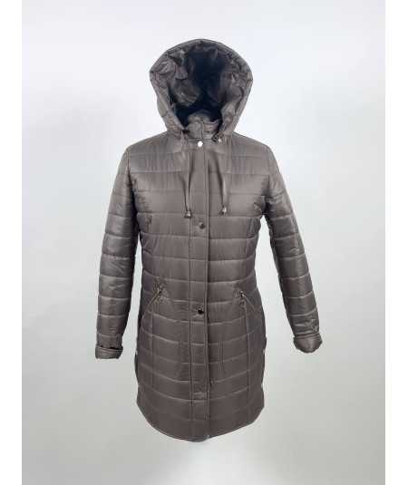 Beżowa kurtka zimowa plus size z ukośnymi kieszeniami, widok z boku