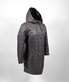 Szarobrązowa kurtka jesienna Isabell model Ela - detal zapięcia pod szyją i wykończenia rękawów