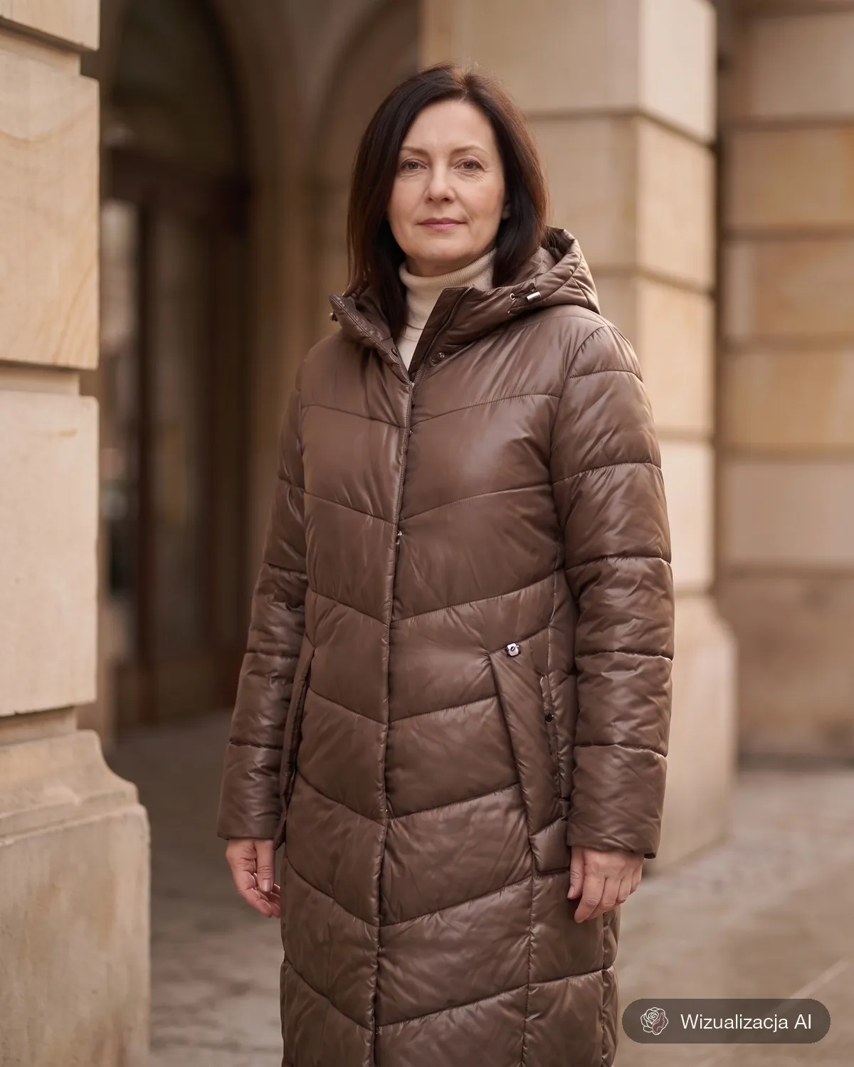 Czekoladowy płaszcz zimowy Maria w zbliżeniu przy wejściu do biurowca, widoczna satynowa tkanina