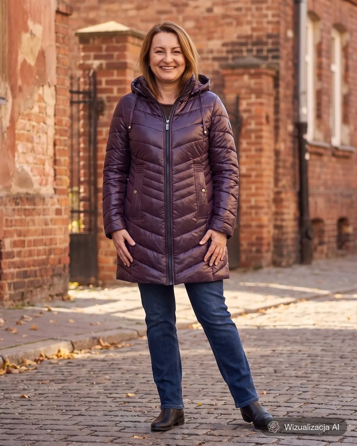 Śliwkowa kurtka zimowa Natalia w krótszym fasonie noszona do prostych ciemnych jeansów