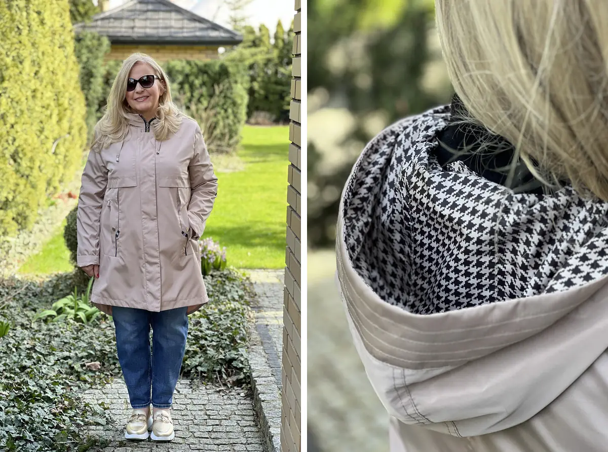 Beżowa kurtka Klara na modelce, z przodu i pepitka w kapturze