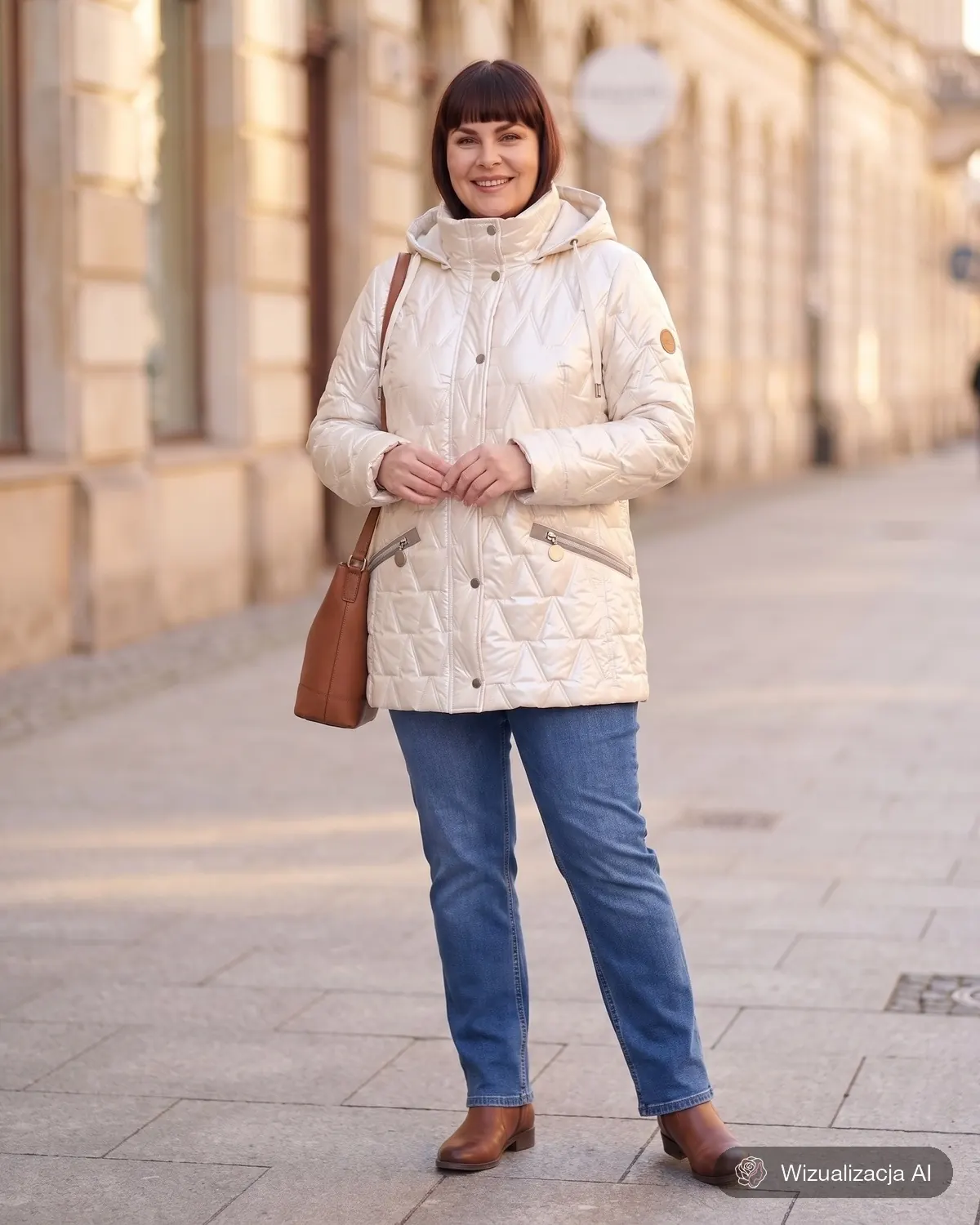 Kobieta w kremowej kurtce Stójka do bioder i prostych jeansach na miejskiej ulicy