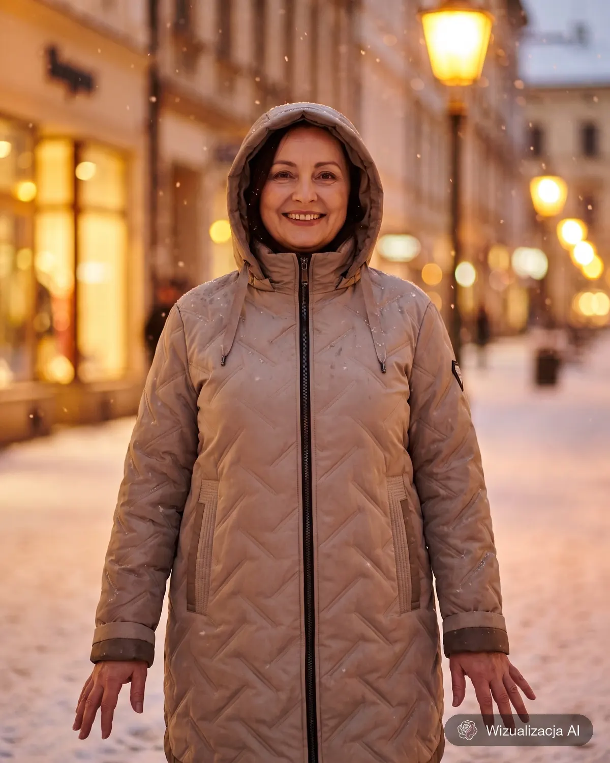 Beżowa kurtka zimowa Natalia z kapturem założonym na głowę podczas opadu śniegu