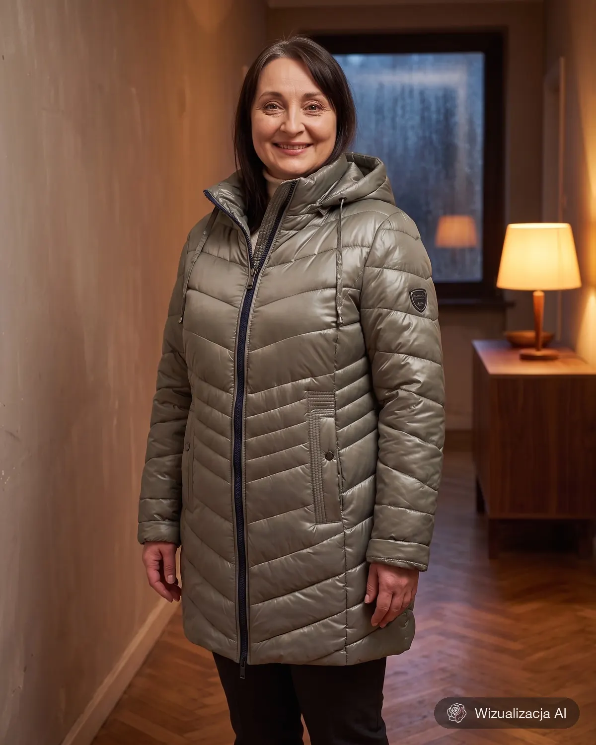 Kurtka zimowa Natalia w kolorze fango z jodełką na górze i poziomym pikowaniem niżej
