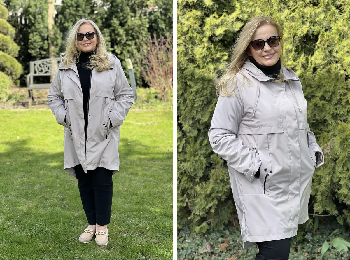 Kamienna kurtka Laura na modelce, ujęcie z przodu i z boku