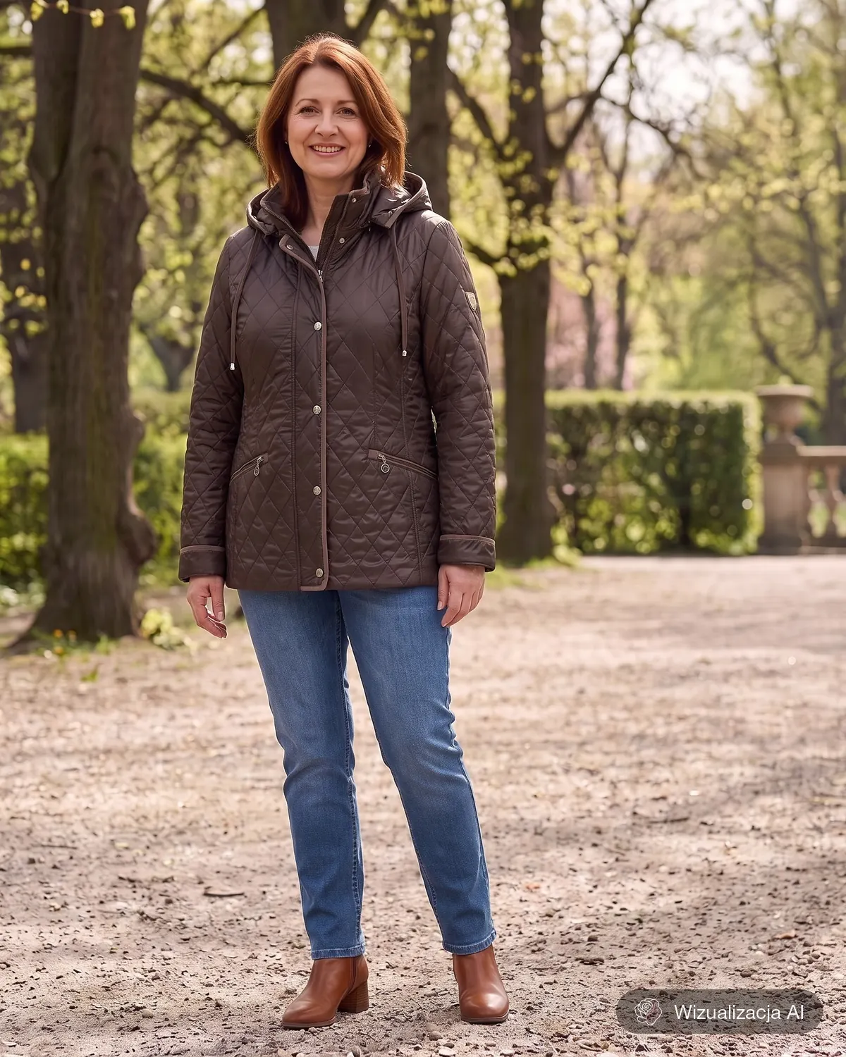 Czekoladowa kurtka przejściowa ze stójką w krótkim fasonie, noszona do prostych jeansów